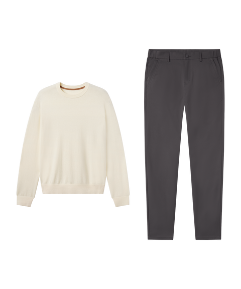 Cream crewneck sweater with Jetsetter Tech Pant, relaxed fit, in Charcoal Gray, travel outfit flat lay