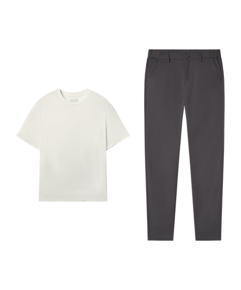 Outfit flat lay: cream Jetsetter Tee with Jetsetter Tech Pant, relaxed fit, in Charcoal Gray