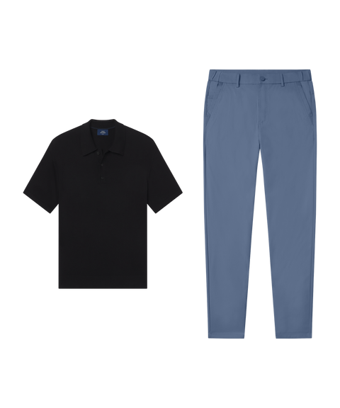 Outfit flat lay: black Clubhouse Pique Polo with Jetsetter Tech Pant, slim fit, in Bering Sea