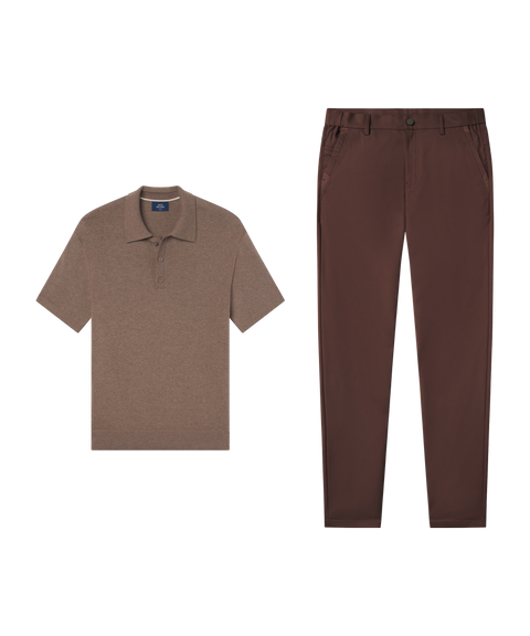 Mocha knit polo with Jetsetter Tech Pant, slim fit, in Bourbon Brown, weekend resort outfit flat lay