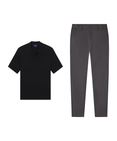 Outfit flat lay: black Clubhouse Pique Polo with Jetsetter Tech Pant, slim fit, in Charcoal Gray