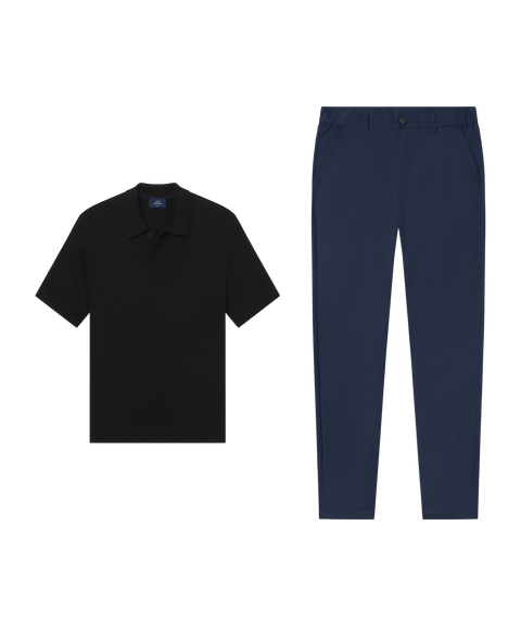 Outfit flat lay: black Legacy Resort Sweater Polo with Jetsetter Tech Pant, slim fit, in Deep Blue