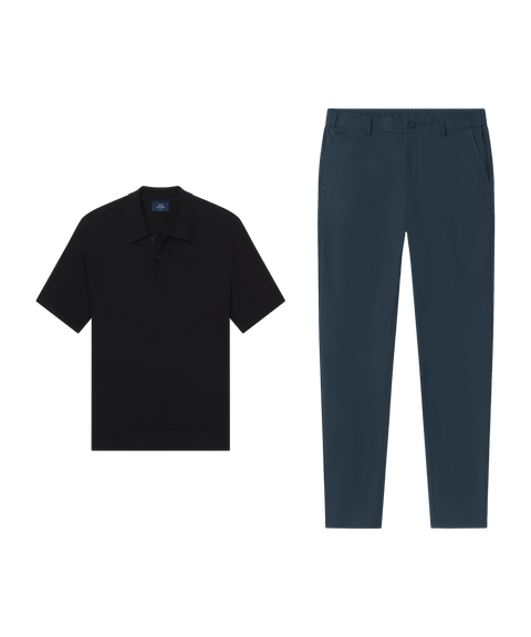 Outfit flat lay: black Clubhouse Pique Polo with Jetsetter Tech Pant, slim fit, in Deep Teal