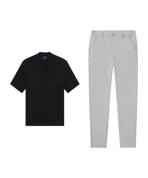Outfit flat lay: black Clubhouse Pique Polo with Jetsetter Tech Pant, slim fit, in Ice Gray