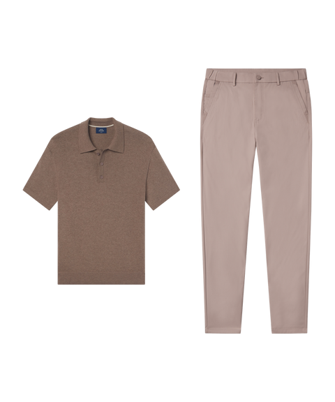 Mocha knit polo with Jetsetter Tech Pant, slim fit, in Oak Khaki, weekend resort outfit flat lay