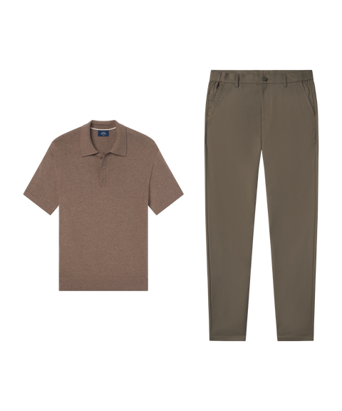 Mocha knit polo with Jetsetter Tech Pant, slim fit, in Olive Green, weekend resort outfit flat lay