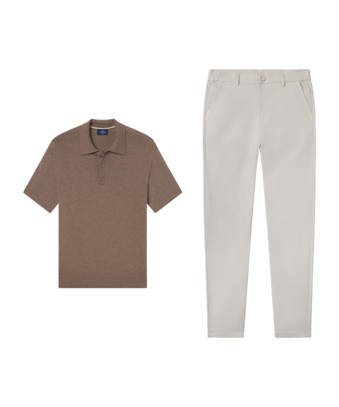 Mocha knit polo with Jetsetter Tech Pant, slim fit, in Sand Stone, weekend resort outfit flat lay