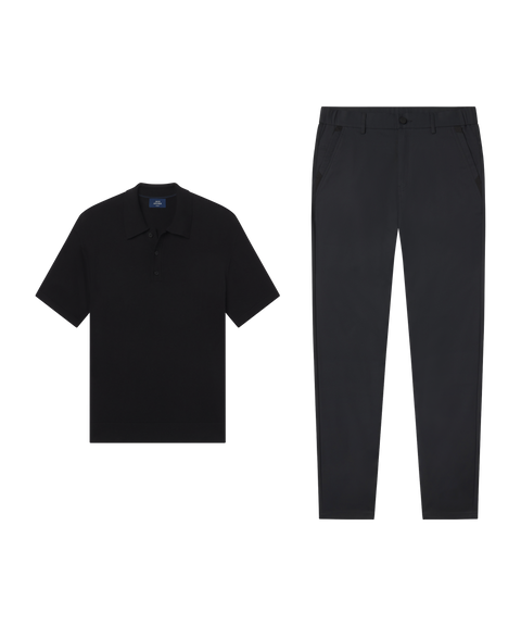 Black short-sleeve polo with Jetsetter Tech Pant, slim fit, in Space Black, weekend resort outfit flat lay