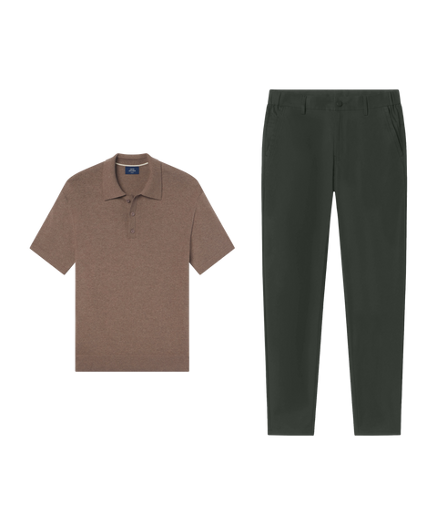 Mocha short-sleeve polo with Jetsetter Tech Pant, slim fit, in Spruce Green, weekend resort outfit flat lay