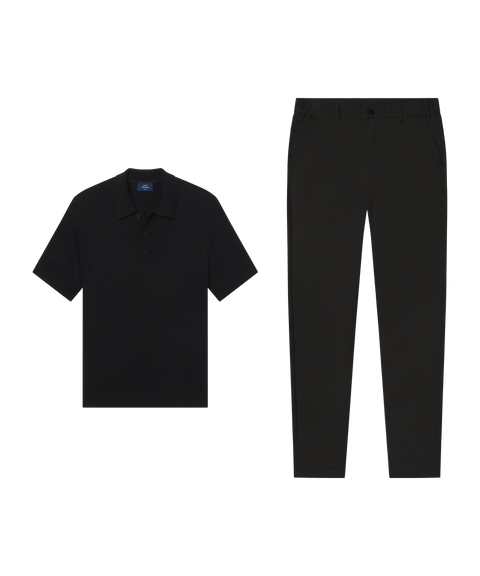 Outfit flat lay: black Legacy Resort Sweater Polo with Jetsetter Tech Pant, slim fit, in True Black