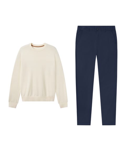 Cream crewneck sweater with Jetsetter Tech Pant, straight fit, in Deep Blue, travel outfit flat lay