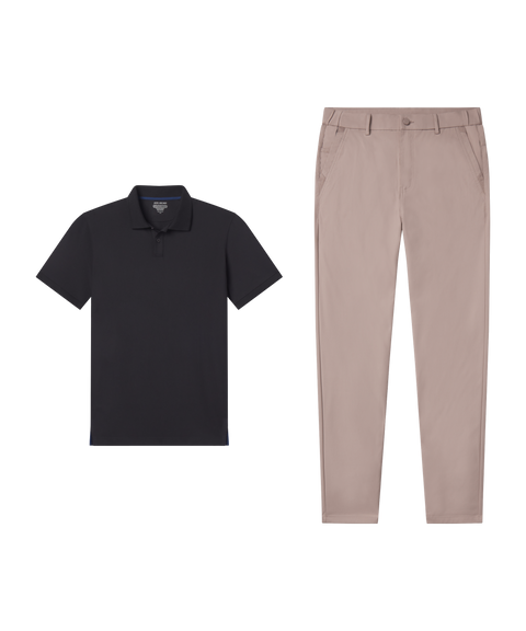 Outfit flat lay: black Clubhouse Pique Polo with Jetsetter Tech Pant, straight fit, in Oak Khaki