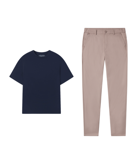 Navy tee with Jetsetter Tech Pant, straight fit, in Oak Khaki, weekend outfit flat lay