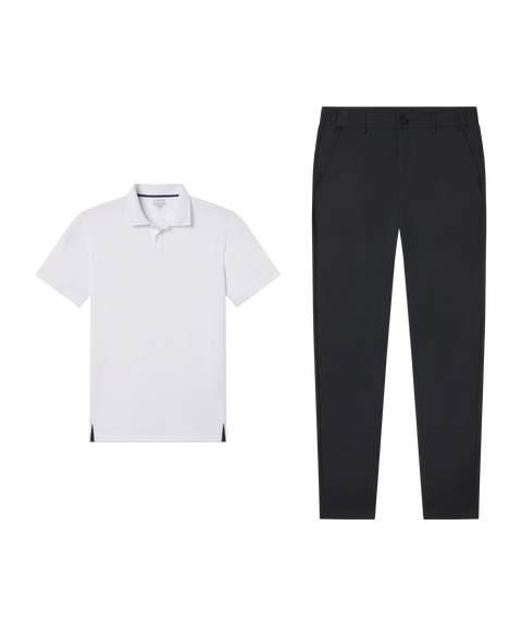 Outfit flat lay: white Clubhouse Pique Polo with Jetsetter Tech Pant, straight fit, in Space Black
