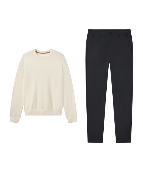 Cream crewneck sweater with Jetsetter Tech Pant, straight fit, in Space Black, travel outfit flat lay