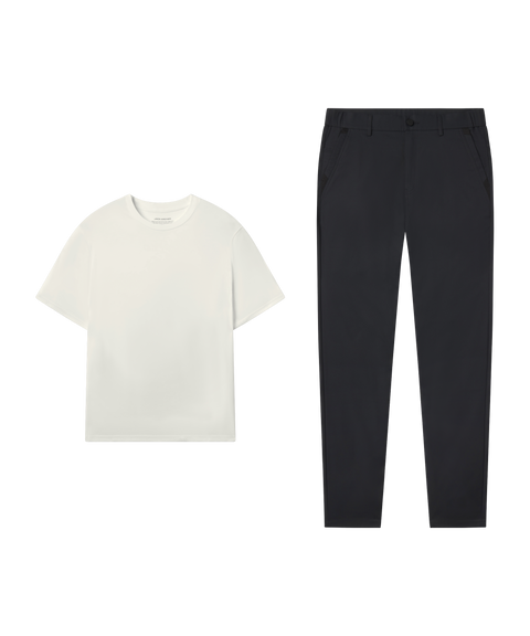 Outfit flat lay: cream Jetsetter Tee with Jetsetter Tech Pant, straight fit, in Space Black