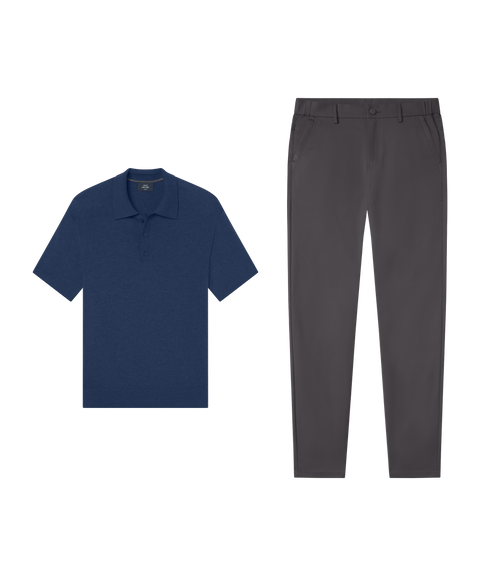 Outfit flat lay: Legacy Resort Sweater Polo in Harbor Blue with charcoal Jetsetter Tech Pants