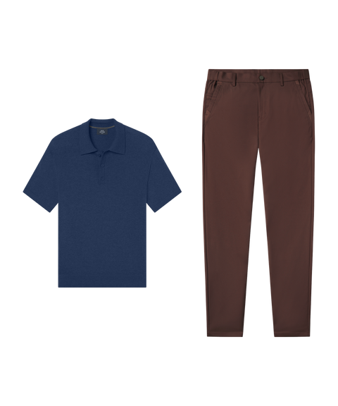 Legacy Resort Sweater Polo in Harbor Blue with brown pants, date night outfit flat lay