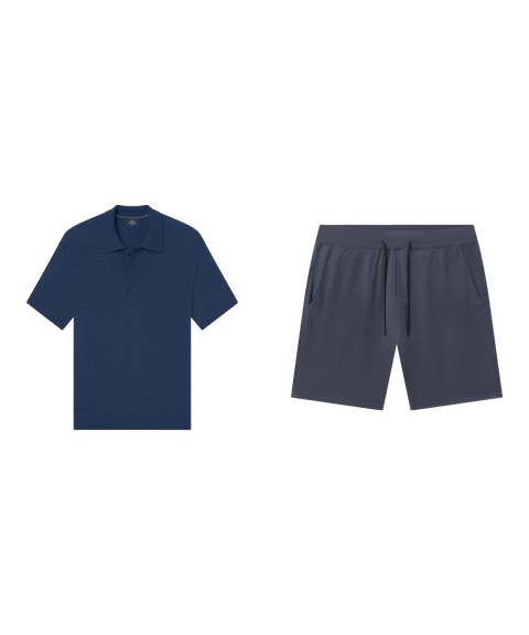 Outfit flat lay: Legacy Resort Sweater Polo in Harbor Blue with slate blue drawstring Atlas Short