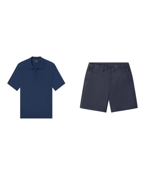 Outfit flat lay: Legacy Resort Sweater Polo in Harbor Blue with Jetsetter Tech Short in Deep Blue