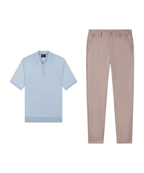 Legacy Resort Sweater Polo in Mist Blue with tan pants, date night outfit flat lay