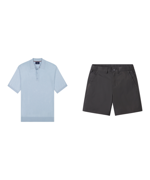 Golf outfit flat lay: Legacy Resort Sweater Polo in Mist Blue with charcoal gray shorts
