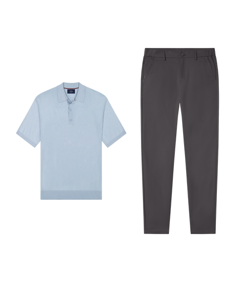Legacy Resort Sweater Polo in Mist Blue with charcoal pants, travel outfit flat lay