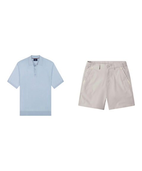 Weekend outfit flat lay: Legacy Resort Sweater Polo in Mist Blue with light beige chino shorts