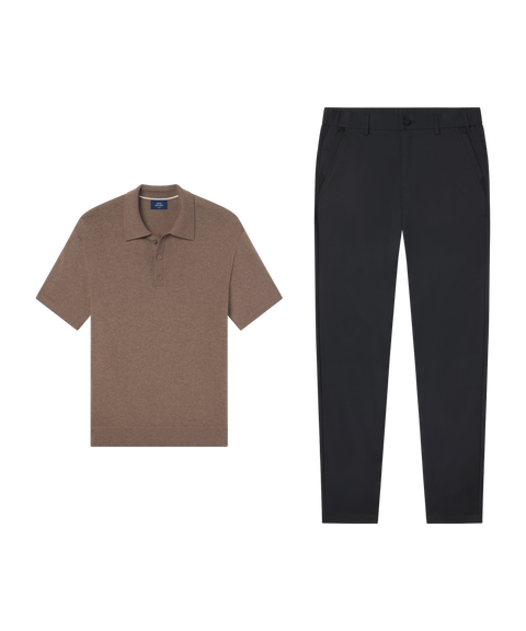 Legacy Resort Sweater Polo in Mocha Heather with black pants, date night outfit flat lay
