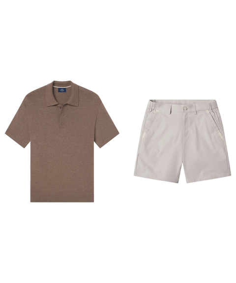 Mocha heather knit polo paired with pale grey shorts, shown flat.