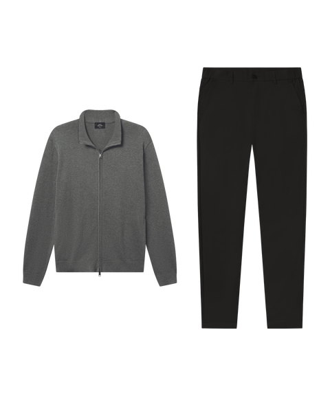 Heather gray full-zip sweater paired with black trousers.