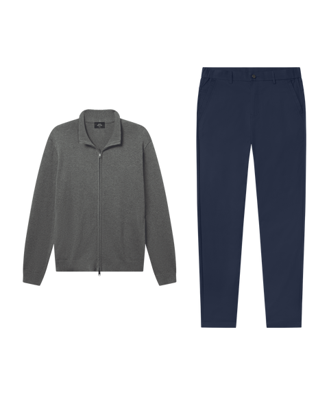 Heather gray full-zip sweater paired with navy chino pants.