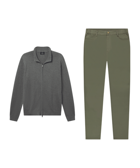 Heather gray full-zip sweater paired with olive five-pocket pants.
