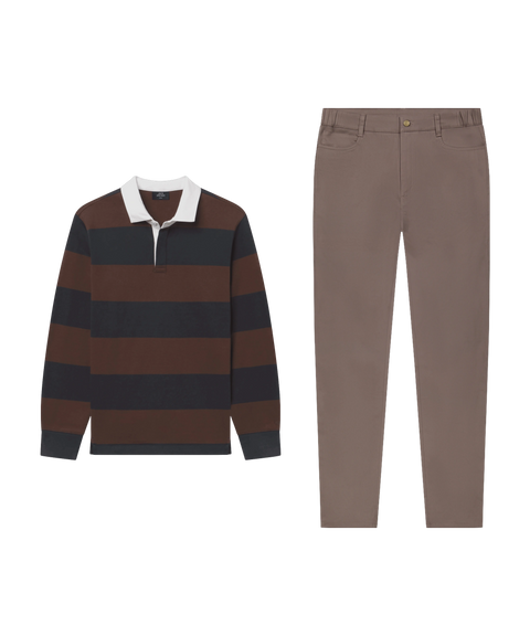 Brown and near-black striped rugby polo with a white collar, paired with taupe brown trousers.