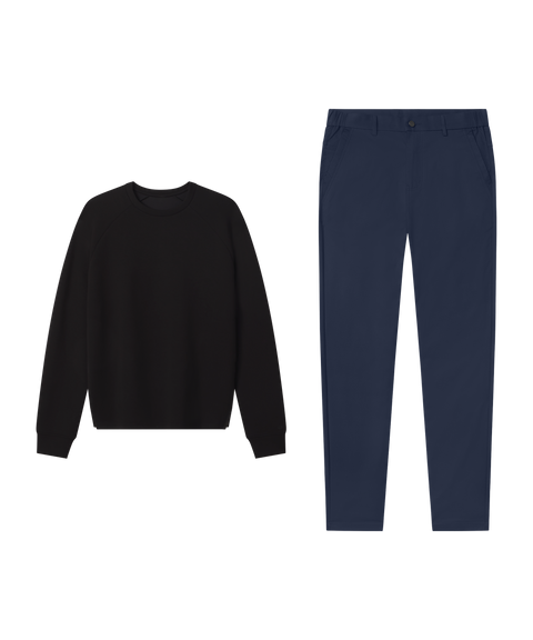 Outfit flat lay: Sandwash Crewneck in True Black with navy Jetsetter Tech Pants