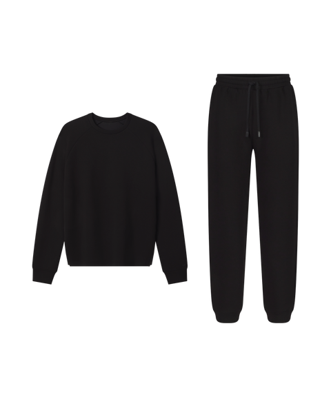 Sandwash Crewneck in True Black with black joggers, work-from-home lounge outfit flat lay