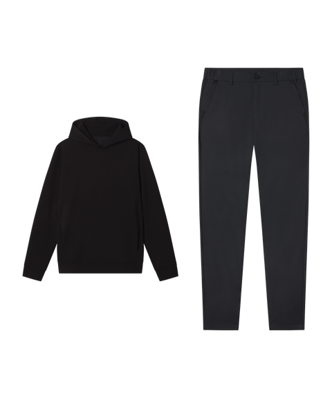 Sandwash Hoodie in True Black with black pants, travel outfit flat lay