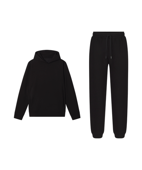 Outfit flat lay: Sandwash Hoodie in True Black with matching Sandwash Joggers for lounging
