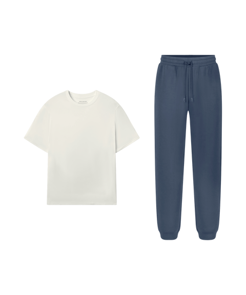 Outfit flat lay: cream Jetsetter Tee with Sandwash Jogger in Tidal Blue for travel