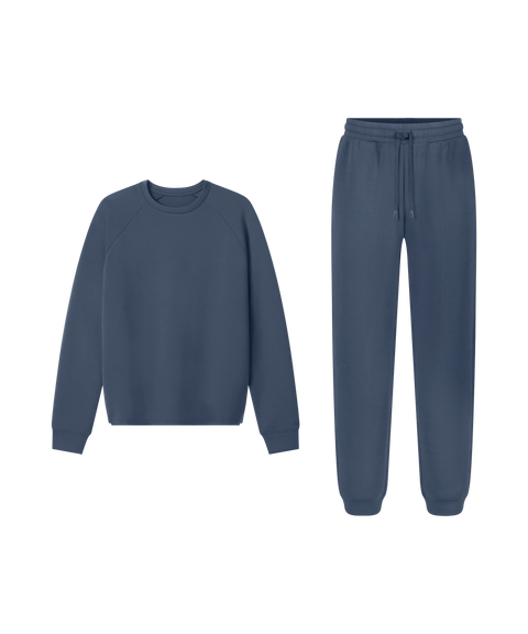 Blue crewneck sweatshirt with Sandwash Jogger in Tidal Blue, weekend outfit flat lay