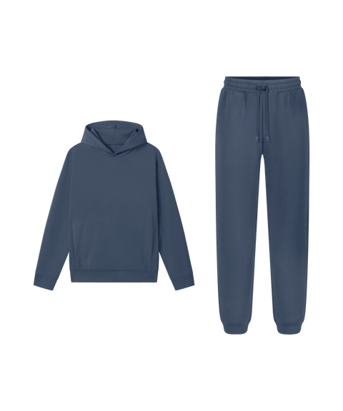 Blue hoodie with Sandwash Jogger in Tidal Blue, work-from-home lounge outfit flat lay