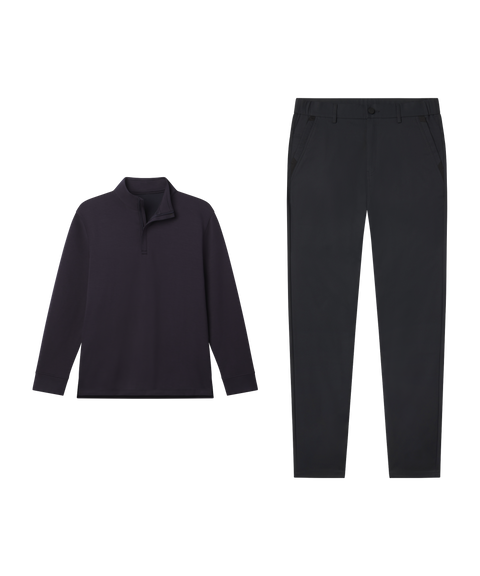 Outfit flat lay: Sandwash Quarter-Zip in Deep Blue with charcoal Jetsetter Tech Pants