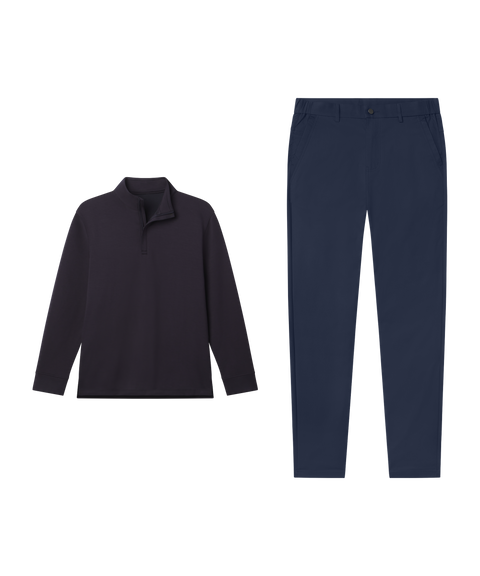 Outfit flat lay: Sandwash Quarter-Zip in Deep Blue with navy Jetsetter Tech Pants for travel