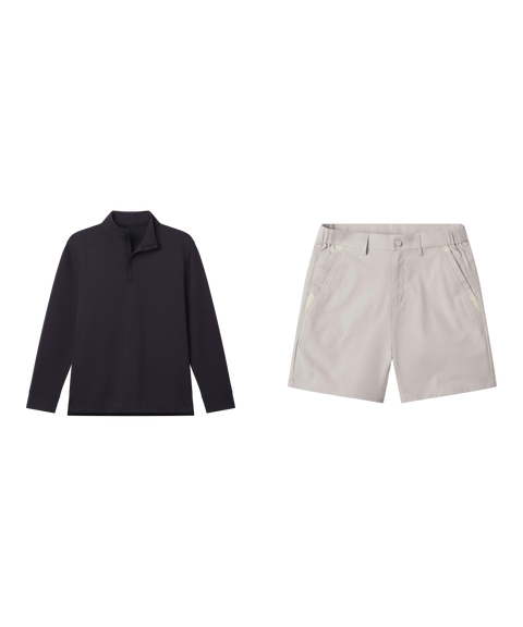 Outfit flat lay: Sandwash Quarter-Zip in Deep Blue with light stone Jetsetter Tech Short