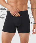 Man wearing Jetsetter Boxer Brief demonstrating stay-flat waistband, no-show seams, versatile length, and shape maintenance.